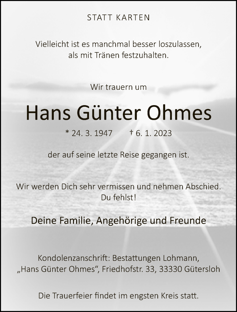  Traueranzeige für Hans Günter Ohmes vom 12.01.2023 aus Neue Westfälische