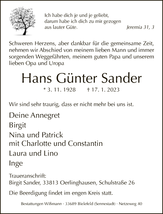 Traueranzeige von Hans Günter Sander von Neue Westfälische