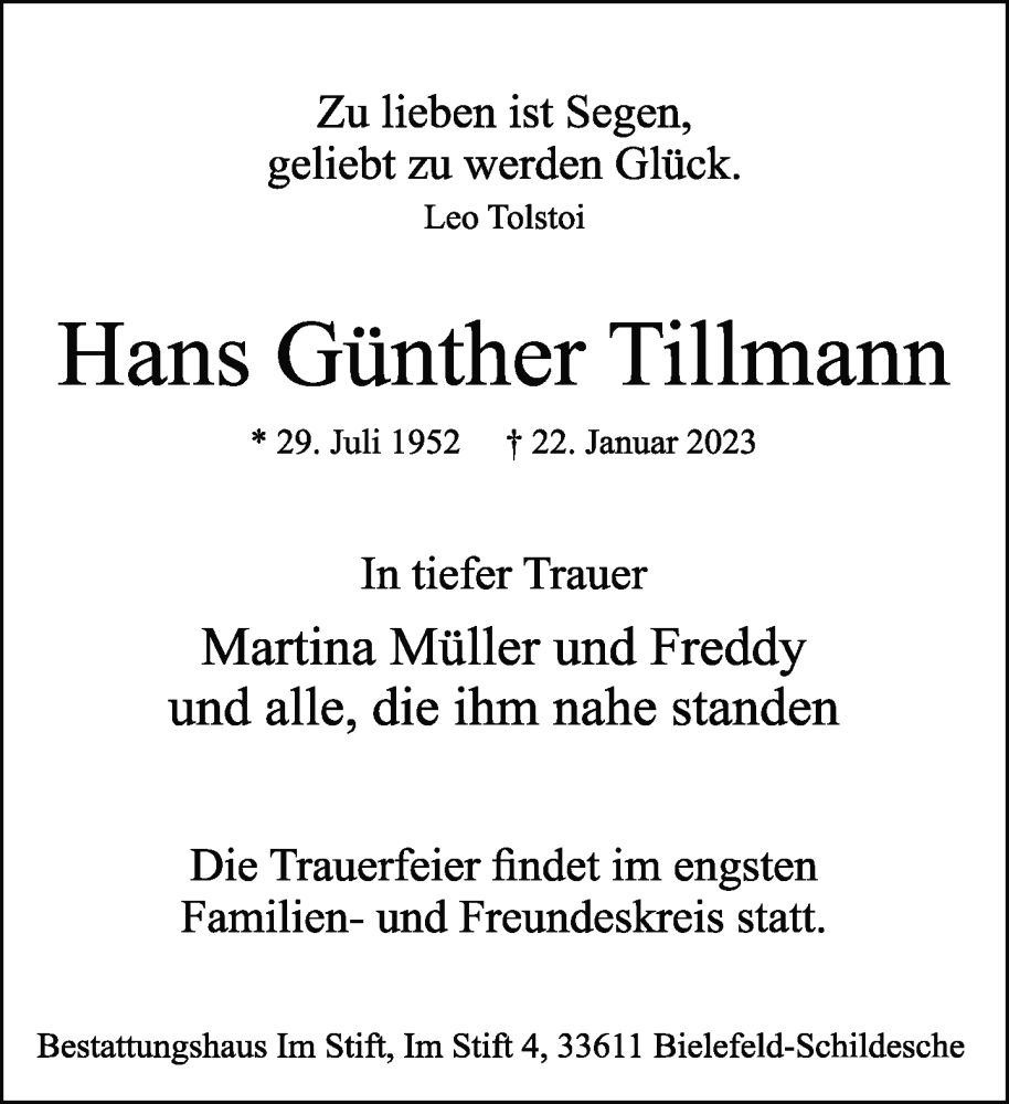  Traueranzeige für Hans Günther Tillmann vom 28.01.2023 aus Neue Westfälische