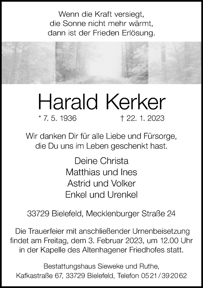  Traueranzeige für Harald Kerker vom 28.01.2023 aus Neue Westfälische