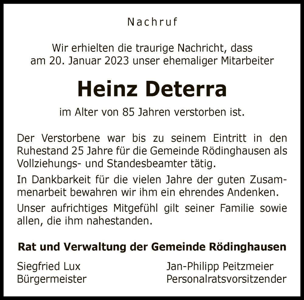  Traueranzeige für Heinz Deterra vom 28.01.2023 aus Neue Westfälische