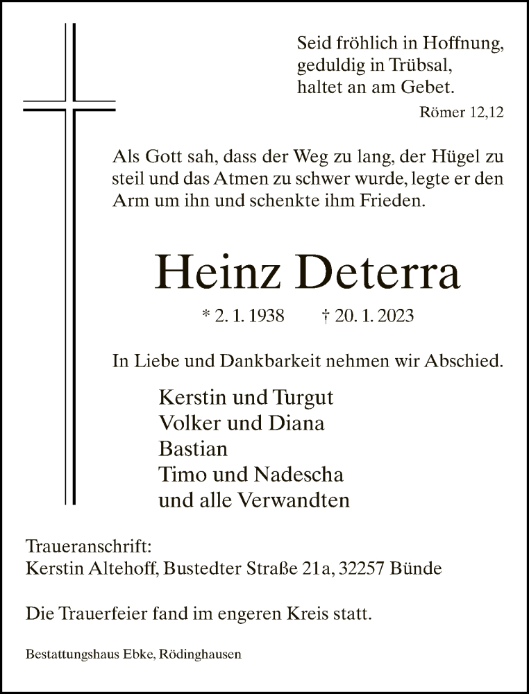  Traueranzeige für Heinz Deterra vom 31.01.2023 aus Neue Westfälische