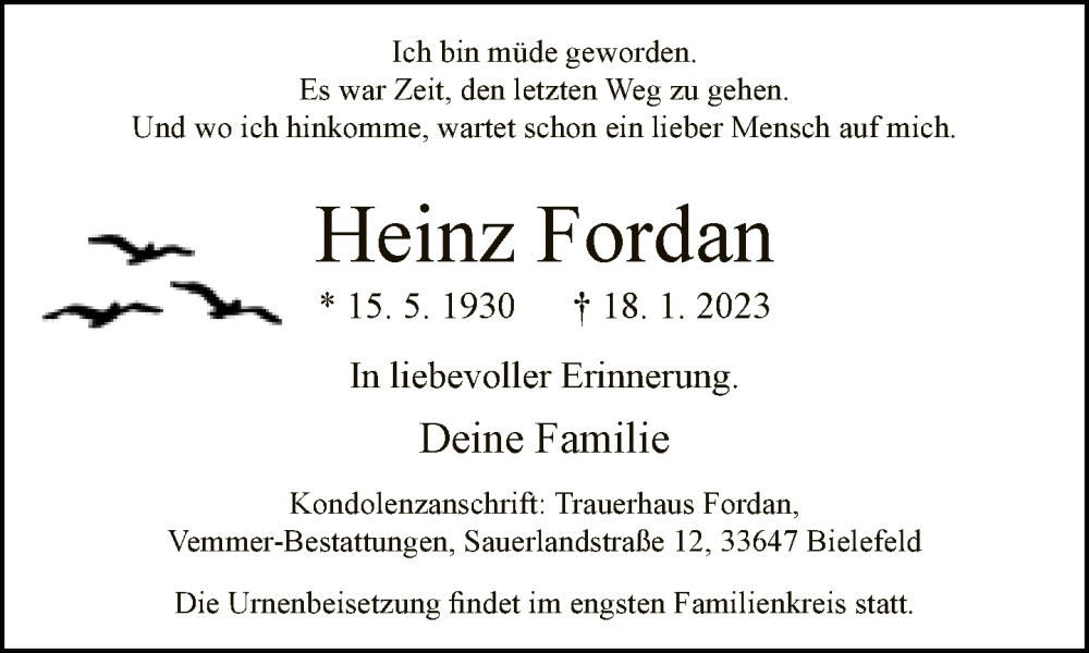  Traueranzeige für Heinz Fordan vom 21.01.2023 aus Neue Westfälische