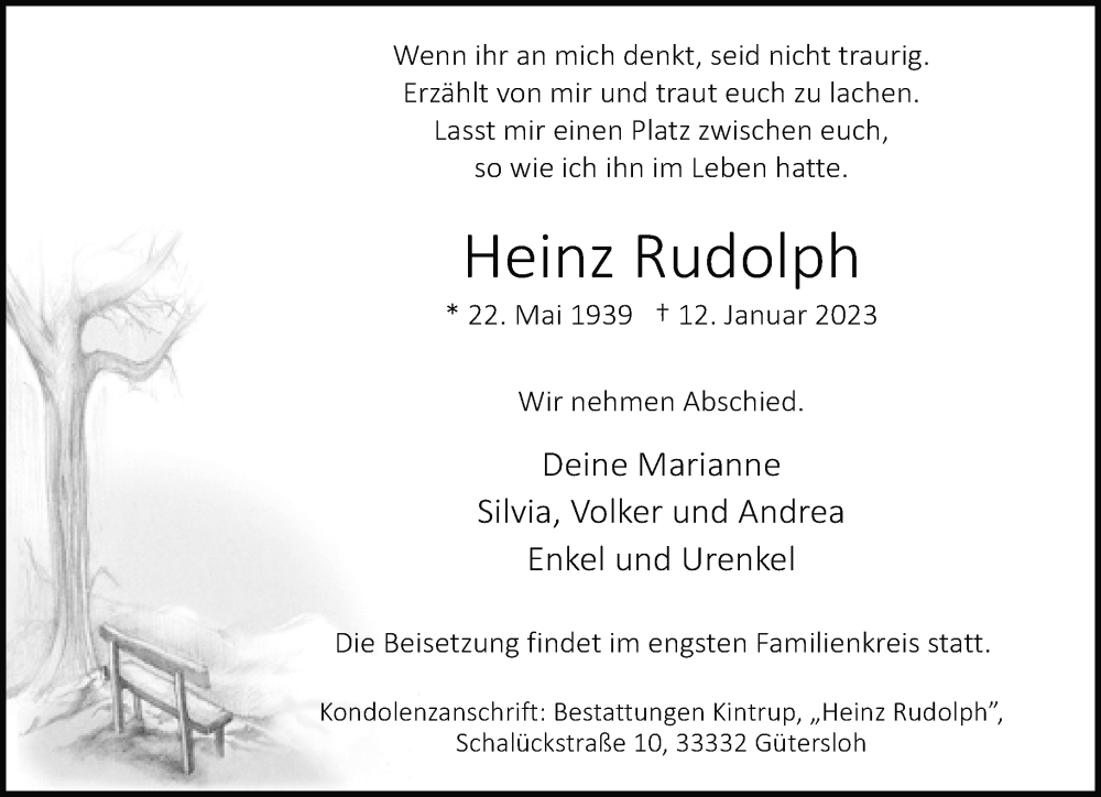  Traueranzeige für Heinz Rudolph vom 14.01.2023 aus Neue Westfälische