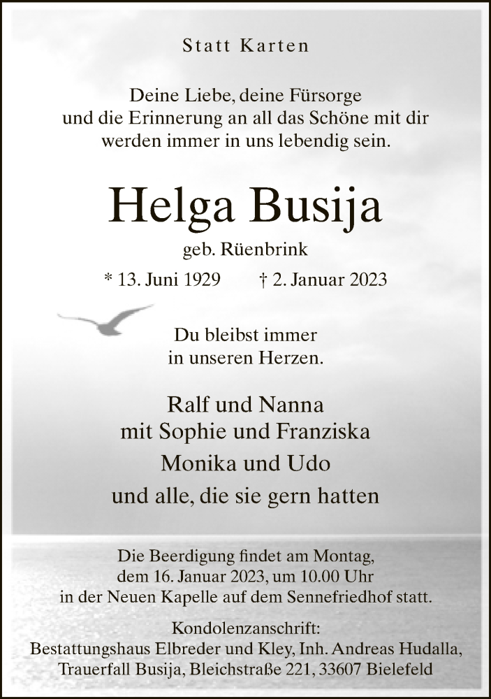  Traueranzeige für Helga Busija vom 07.01.2023 aus Neue Westfälische