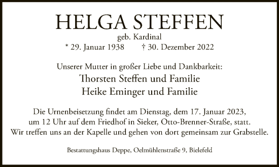 Traueranzeige von Helga Steffen von Neue Westfälische