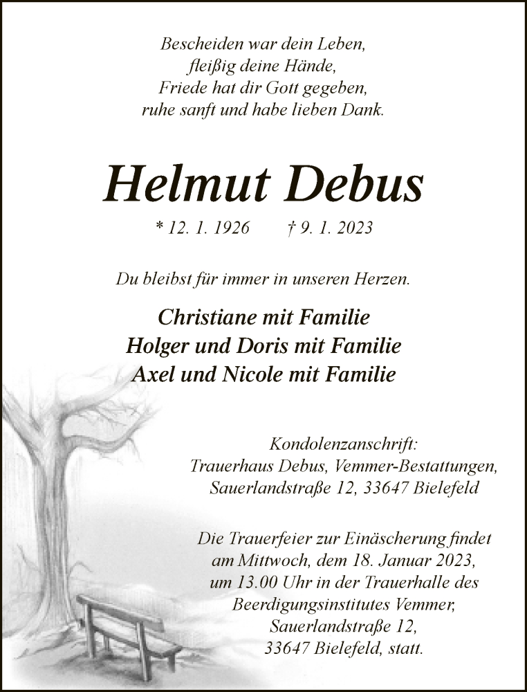  Traueranzeige für Helmut Debus vom 17.01.2023 aus Neue Westfälische