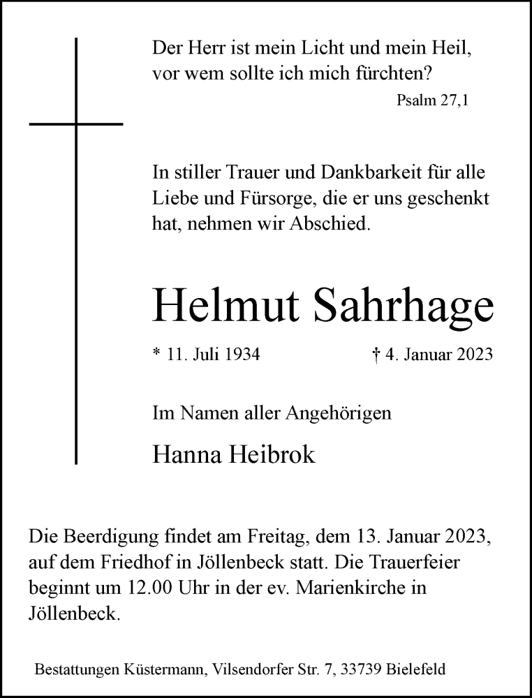  Traueranzeige für Helmut Sahrhage vom 07.01.2023 aus Neue Westfälische