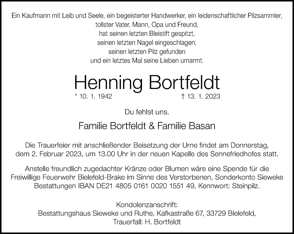  Traueranzeige für Henning Bortfeldt vom 21.01.2023 aus Neue Westfälische