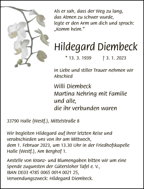 Traueranzeige von Hildegard Diembeck von Neue Westfälische