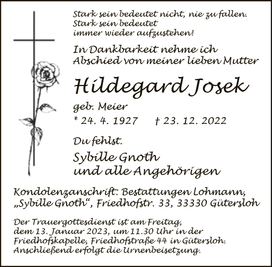 Traueranzeige von Hildegard Josek von Neue Westfälische