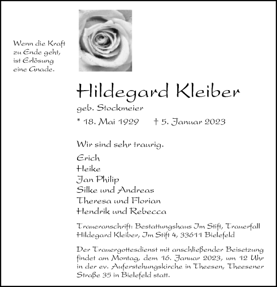 Traueranzeige von Hildegard Kleiber von Neue Westfälische