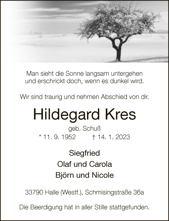 Traueranzeige von Hildegard Kres von Neue Westfälische