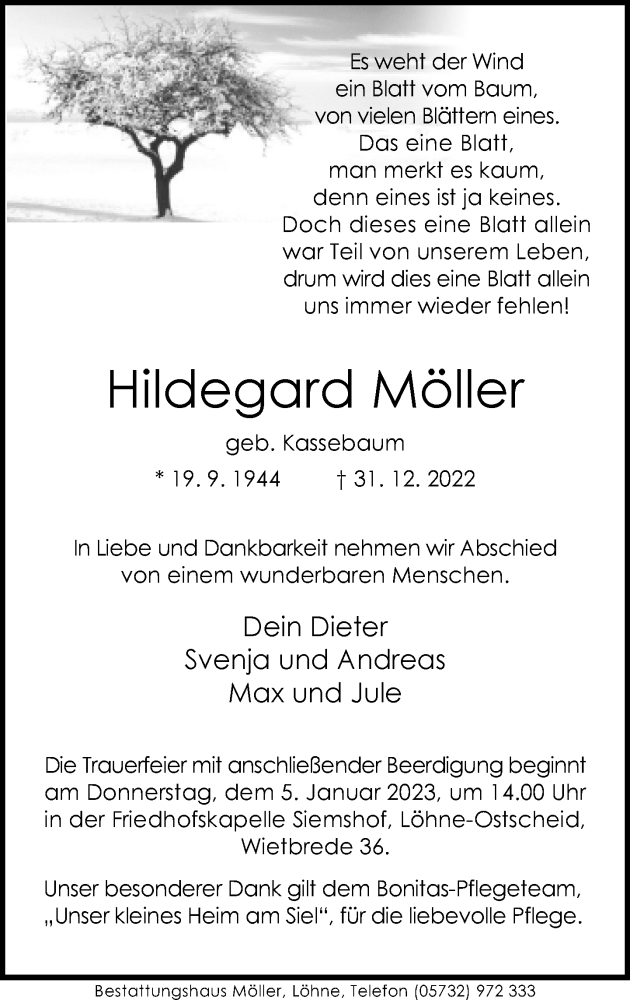  Traueranzeige für Hildegard Möller vom 03.01.2023 aus Neue Westfälische