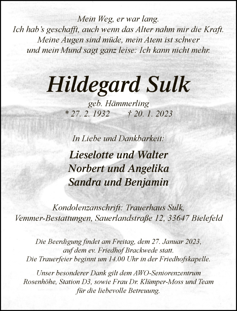  Traueranzeige für Hildegard Sulk vom 25.01.2023 aus Neue Westfälische