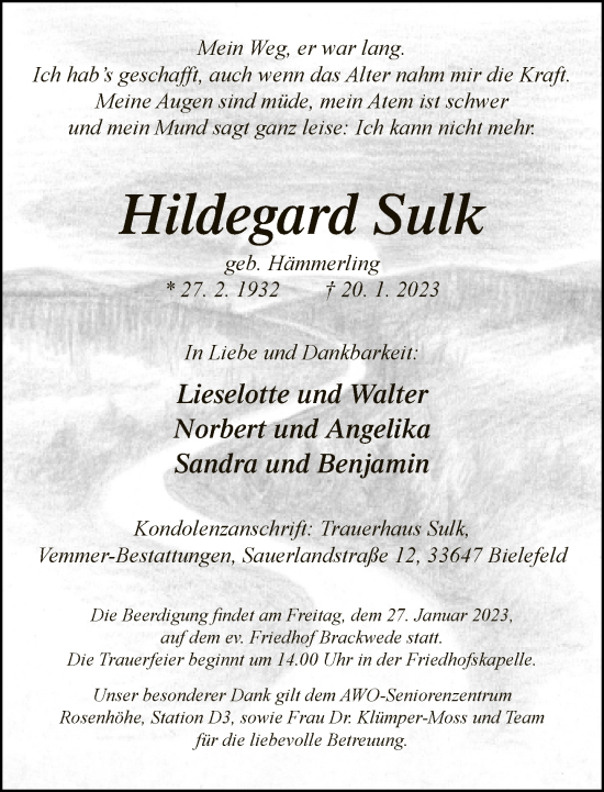 Traueranzeige von Hildegard Sulk von Neue Westfälische