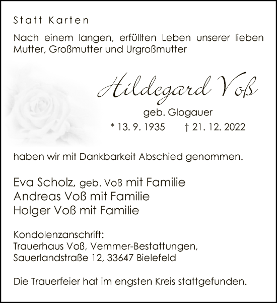 Traueranzeige von Hildegard Voß von Neue Westfälische