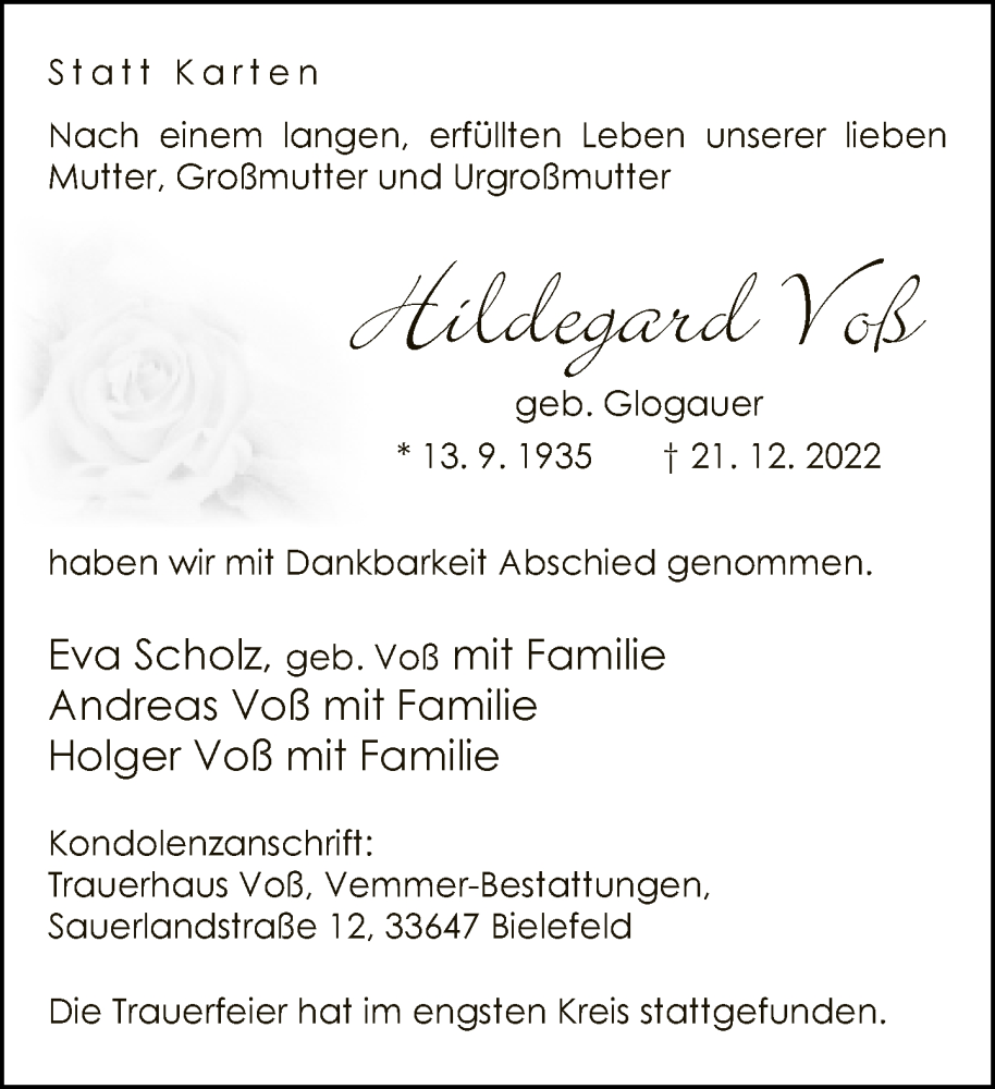  Traueranzeige für Hildegard Voß vom 14.01.2023 aus Neue Westfälische