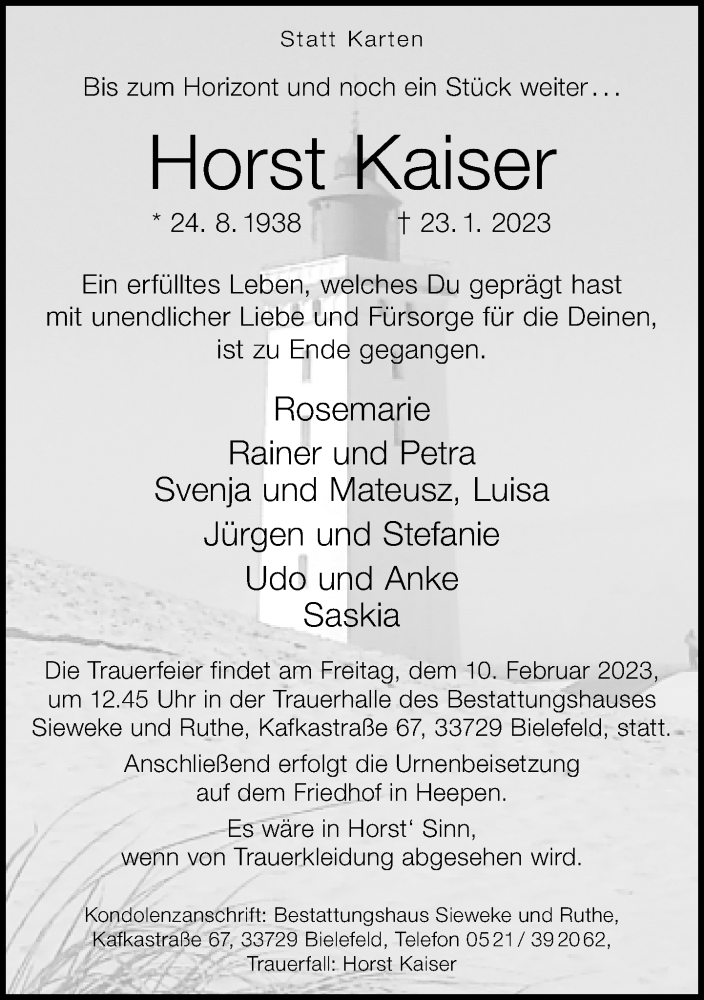 Traueranzeige für Horst Kaiser vom 28.01.2023 aus Neue Westfälische