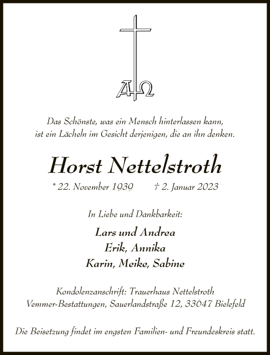 Traueranzeige von Horst Nettelstroth von Neue Westfälische