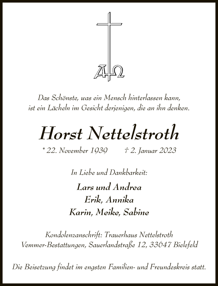  Traueranzeige für Horst Nettelstroth vom 07.01.2023 aus Neue Westfälische