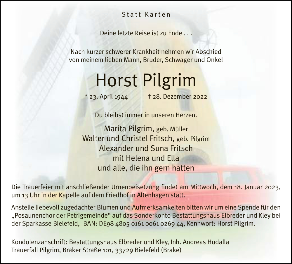  Traueranzeige für Horst Pilgrim vom 07.01.2023 aus Neue Westfälische