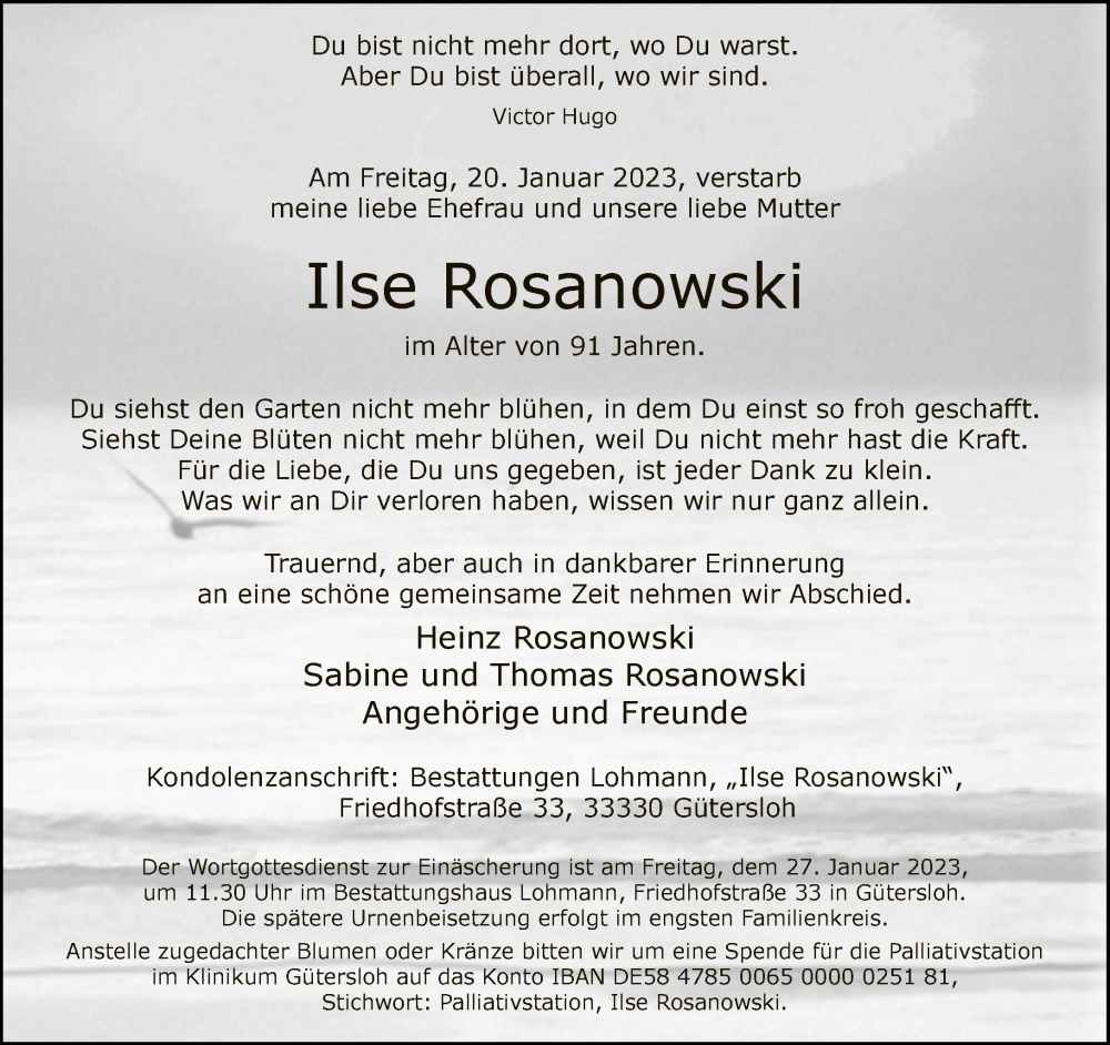  Traueranzeige für Ilse Rosanowski vom 25.01.2023 aus Neue Westfälische