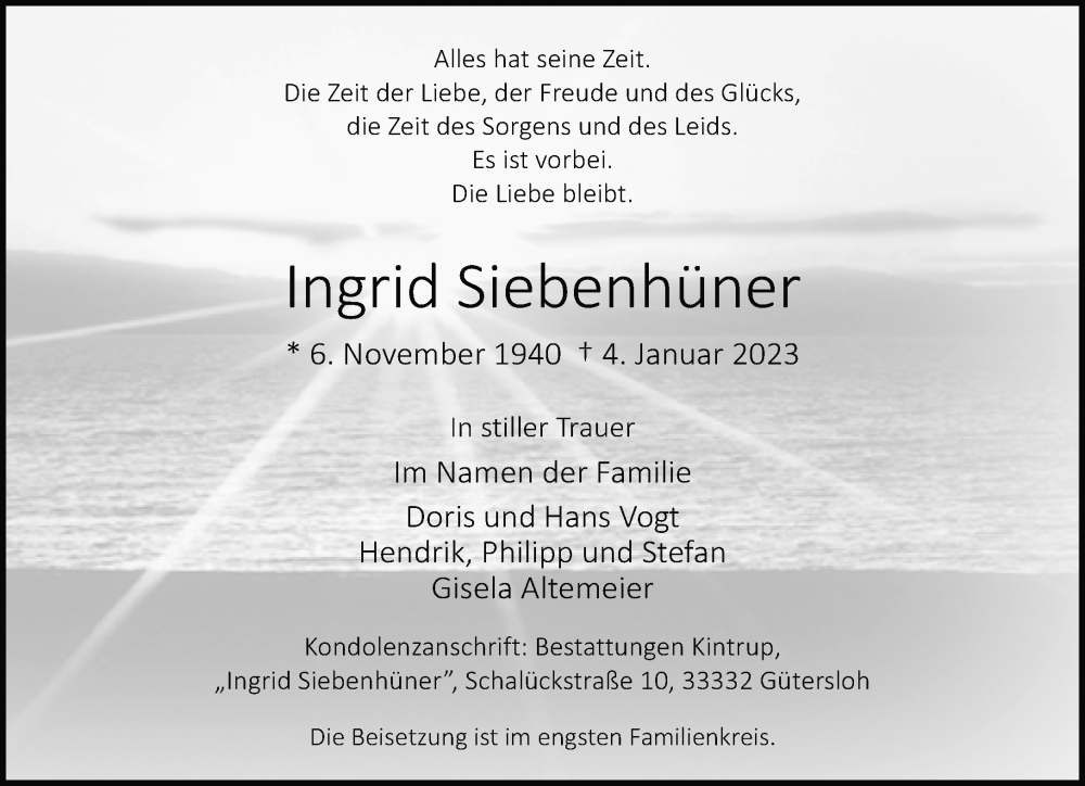  Traueranzeige für Ingrid Siebenhüner vom 11.01.2023 aus Neue Westfälische