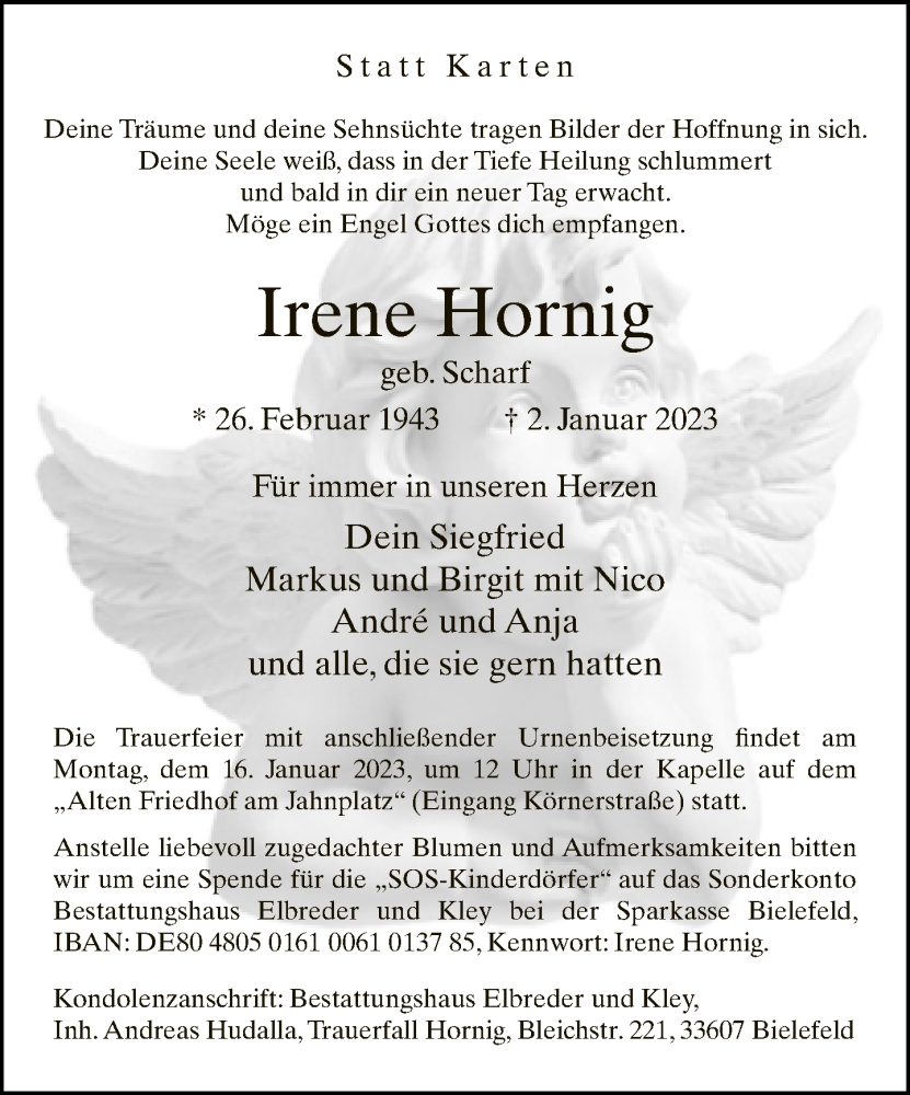  Traueranzeige für Irene Hornig vom 07.01.2023 aus Neue Westfälische