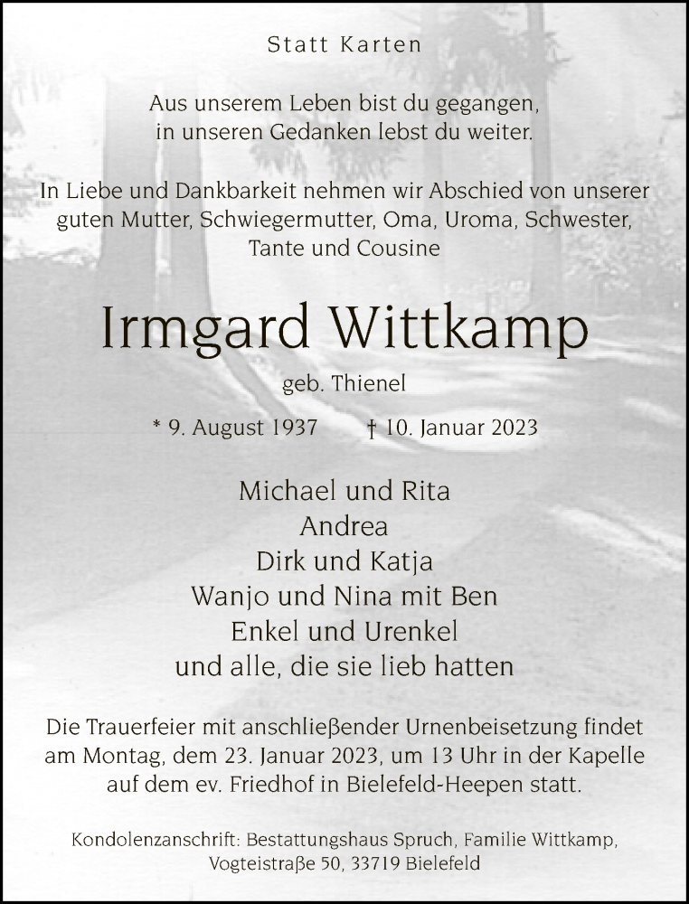  Traueranzeige für Irmgard Wittkamp vom 14.01.2023 aus Neue Westfälische