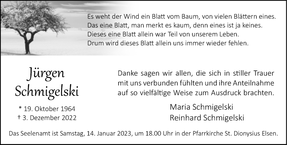  Traueranzeige für Jürgen Schmigelski vom 11.01.2023 aus Neue Westfälische