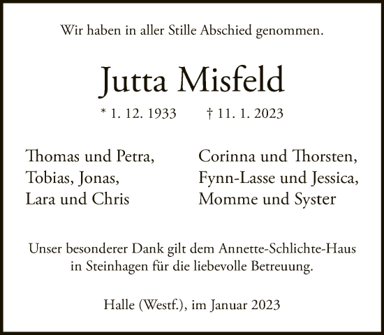 Traueranzeige von Jutta Misfeld von Neue Westfälische