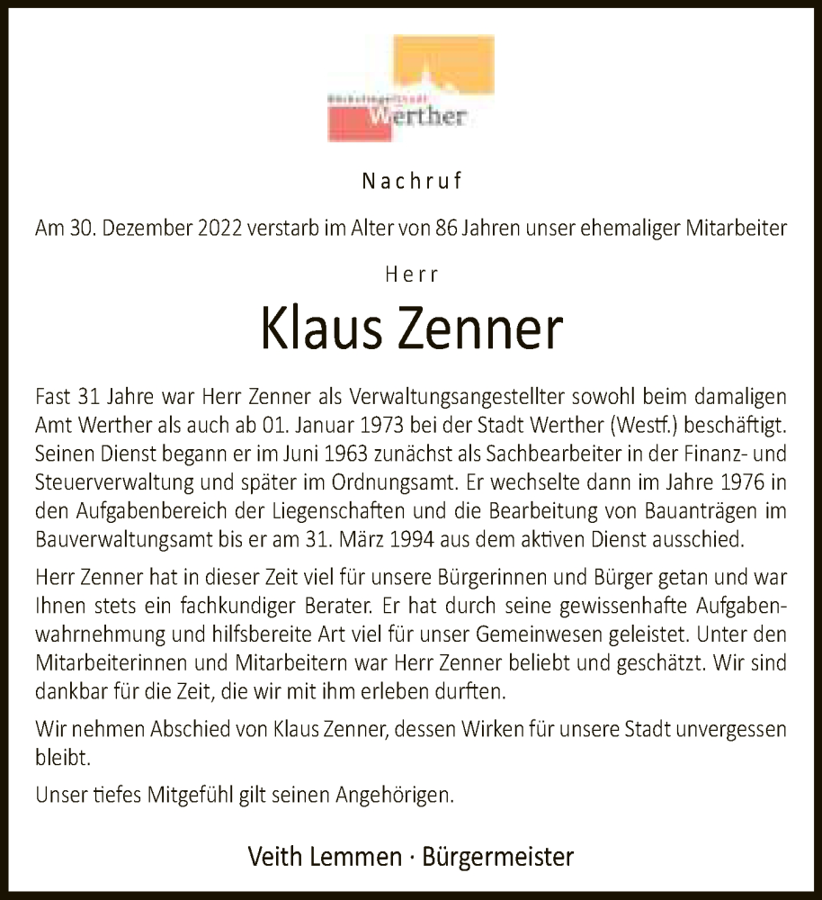  Traueranzeige für Klaus Zenner vom 12.01.2023 aus Neue Westfälische