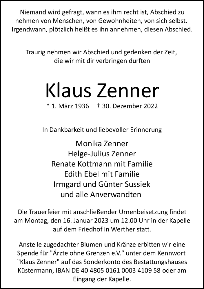  Traueranzeige für Klaus Zenner vom 11.01.2023 aus Neue Westfälische