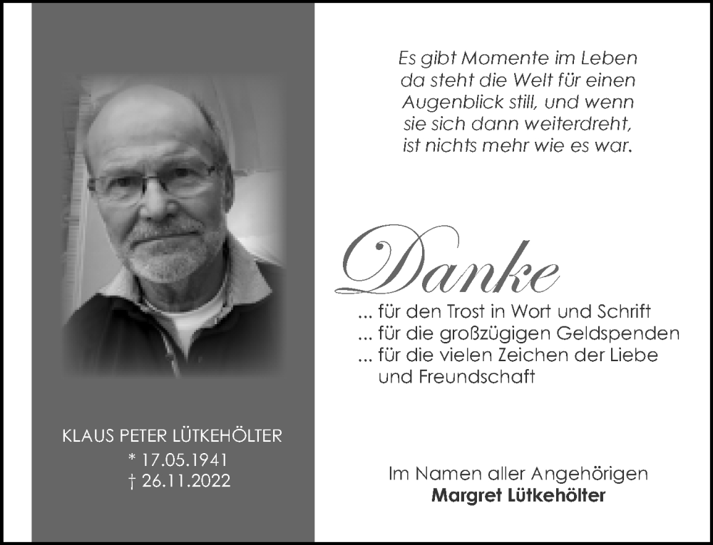  Traueranzeige für Klaus Peter Lütkehölter vom 07.01.2023 aus Neue Westfälische