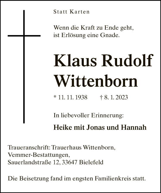 Traueranzeige von Klaus Rudolf Wittenborn von Neue Westfälische