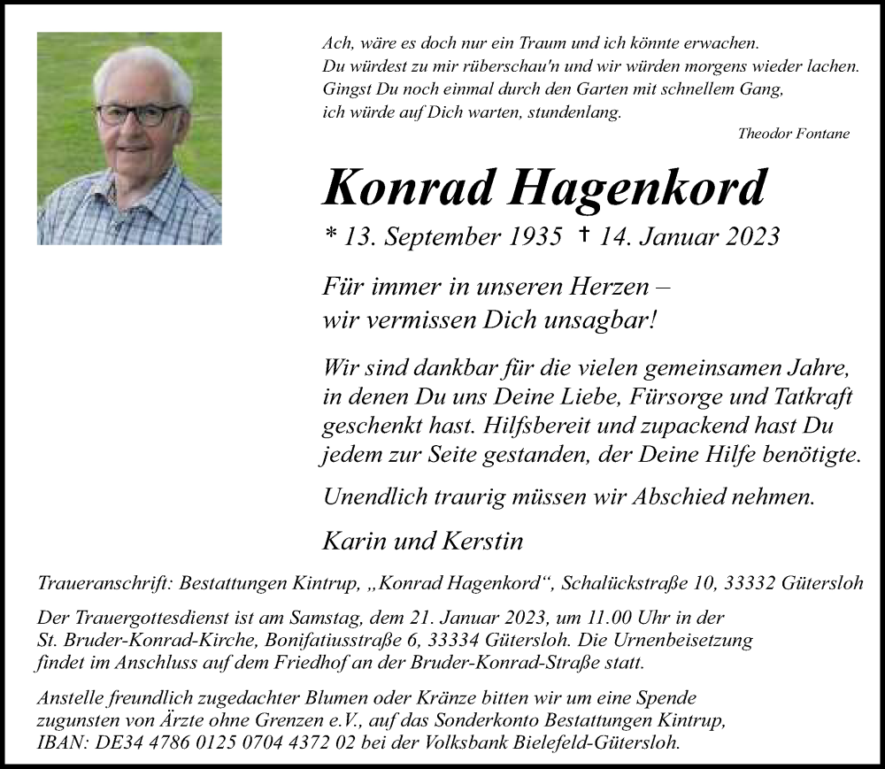  Traueranzeige für Konrad Hagenkord vom 17.01.2023 aus Neue Westfälische