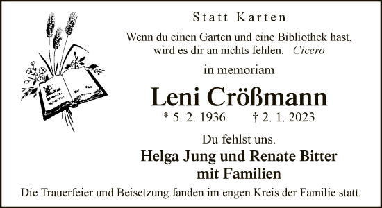 Traueranzeige von Leni Crößmann von Neue Westfälische