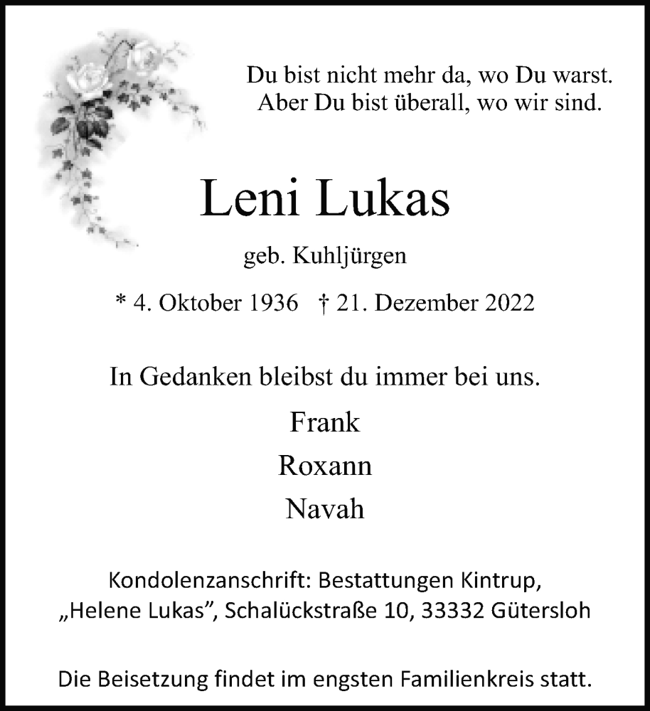  Traueranzeige für Leni Lukas vom 04.01.2023 aus Neue Westfälische