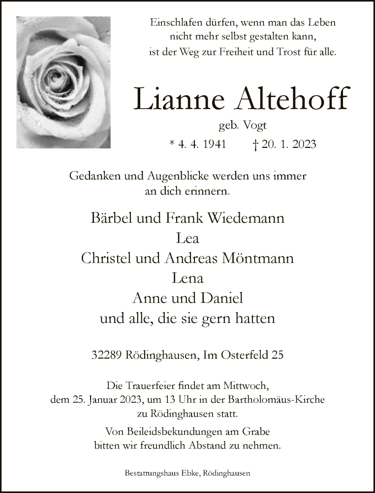  Traueranzeige für Lianne Altehoff vom 24.01.2023 aus Neue Westfälische