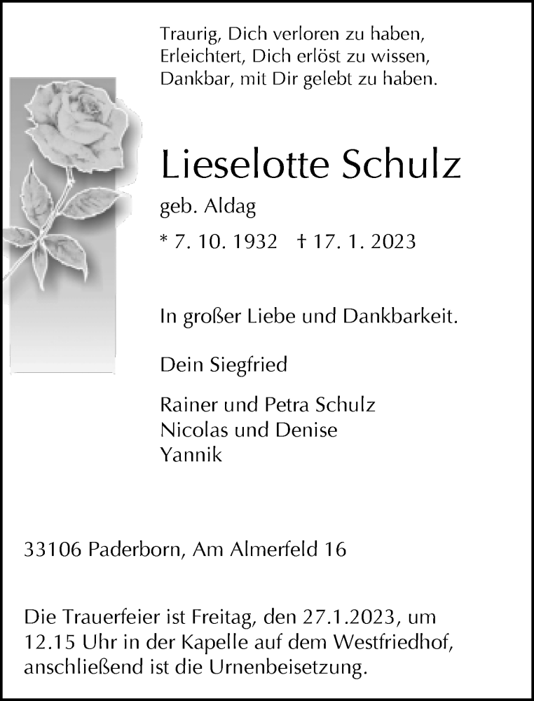  Traueranzeige für Lieselotte Schulz vom 21.01.2023 aus Neue Westfälische