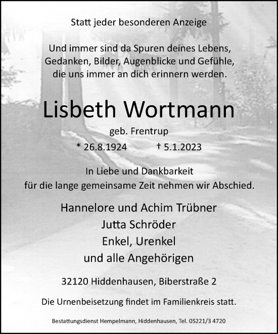 Traueranzeige von Lisbeth Wortmann von Neue Westfälische