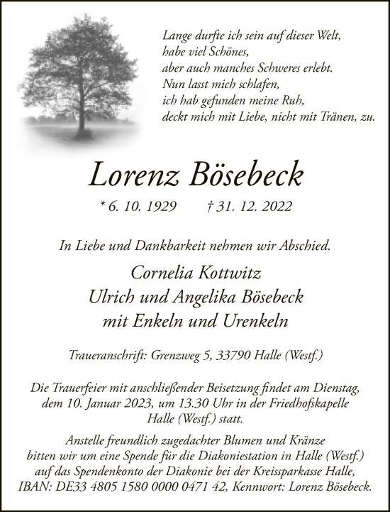 Traueranzeige von Lorenz Bösebeck von Neue Westfälische