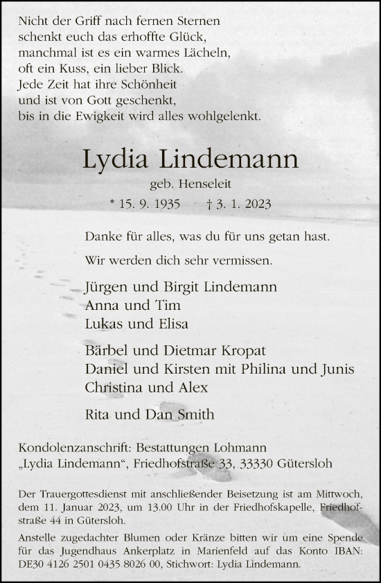 Traueranzeige von Lydia Lindemann von Neue Westfälische