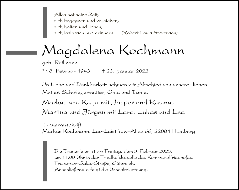  Traueranzeige für Magdalena Kochmann vom 28.01.2023 aus Neue Westfälische