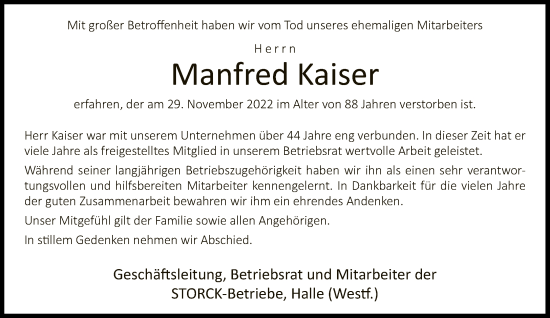 Traueranzeige von Manfred Kaiser von Neue Westfälische