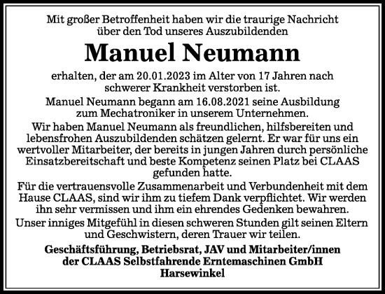 Traueranzeige von Manuel Neumann von Neue Westfälische