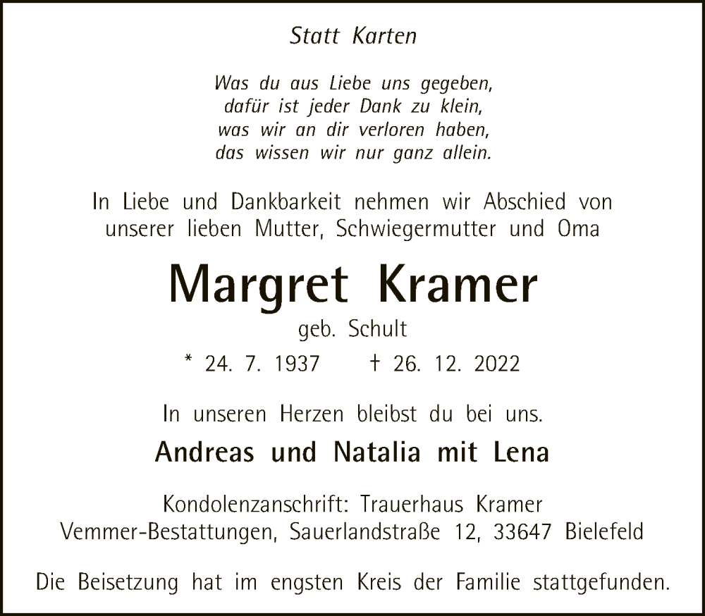  Traueranzeige für Margret Kramer vom 11.01.2023 aus Neue Westfälische