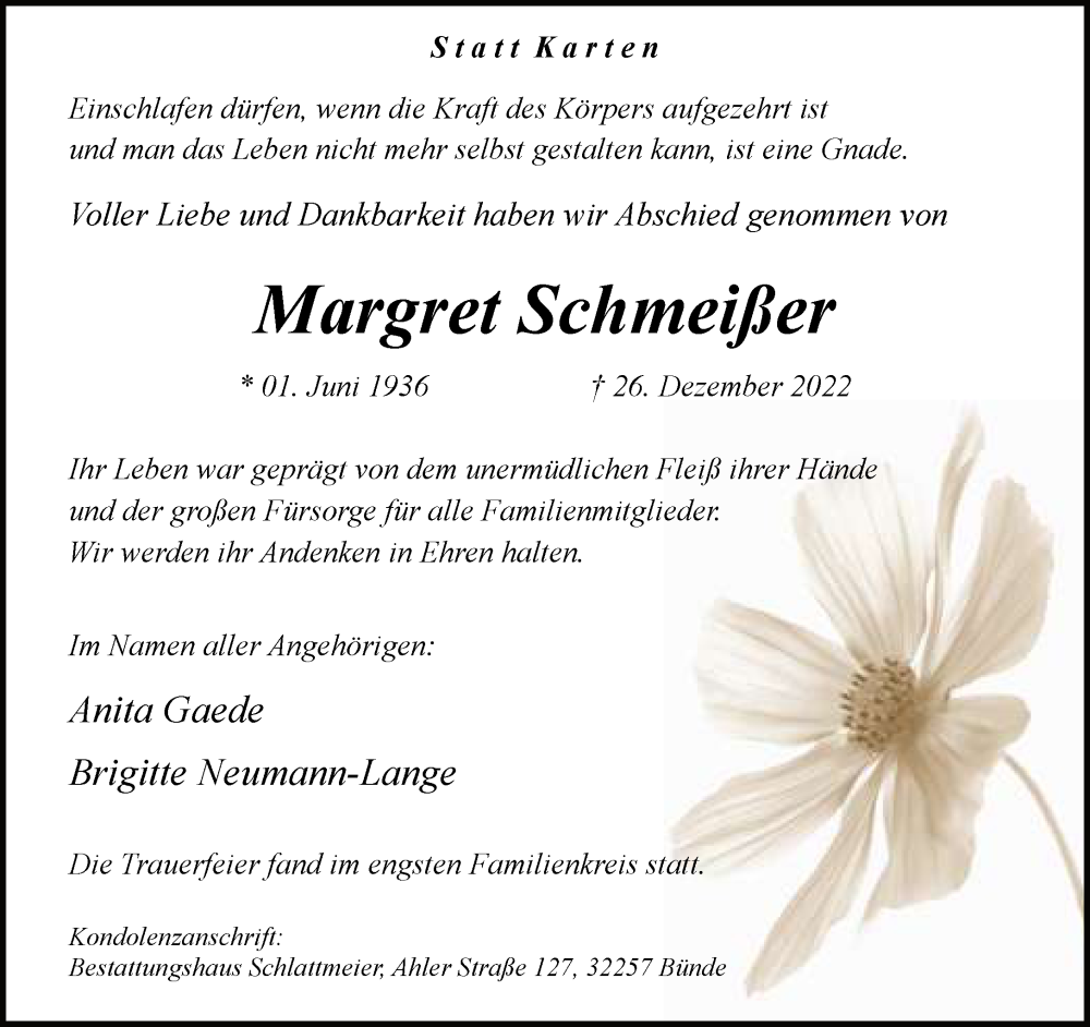 Traueranzeige für Margret Schmeißer vom 07.01.2023 aus Neue Westfälische