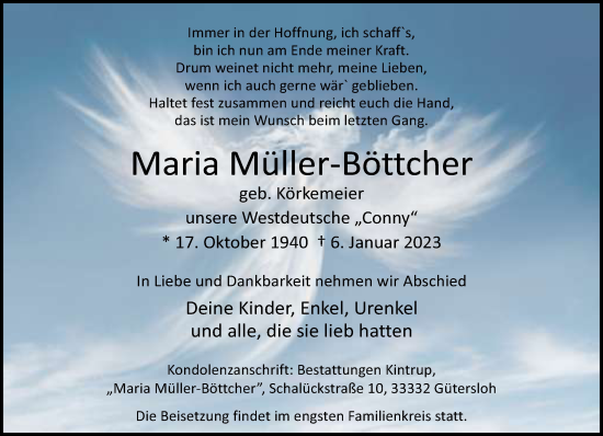 Traueranzeige von Maria Müller-Böttcher von Neue Westfälische